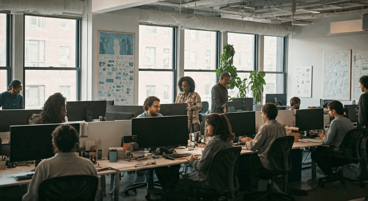 Diverse employees collaborating in an office.